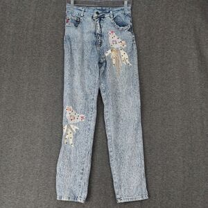 GAZOZ JEANS WOMENS BLUE ACID WASH EMBELLISHED STRAIGHT LEG HIGH RISE JEANS SZ 27